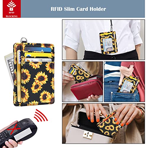 Coco Rossi Slim Front Pocket Wallet RFID ID Card Holder Cute Small Wallet with Wrist Lanyards Key Chain Holder for Women,Sunflower - Image 4