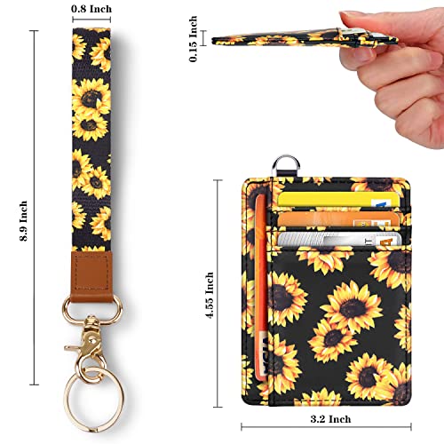 Coco Rossi Slim Front Pocket Wallet RFID ID Card Holder Cute Small Wallet with Wrist Lanyards Key Chain Holder for Women,Sunflower - Image 2