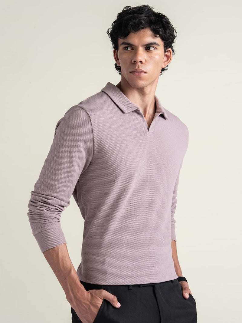 DAMENSCH Statement Waffle Johnny Collar Full Sleeve Polo with Premium Cotton Blend, Waffle Texture, Colours by High-IQ Dyes Heavy Weight Fabric T-Shirt for Men - Lavender Dust - 2XL - Image 4