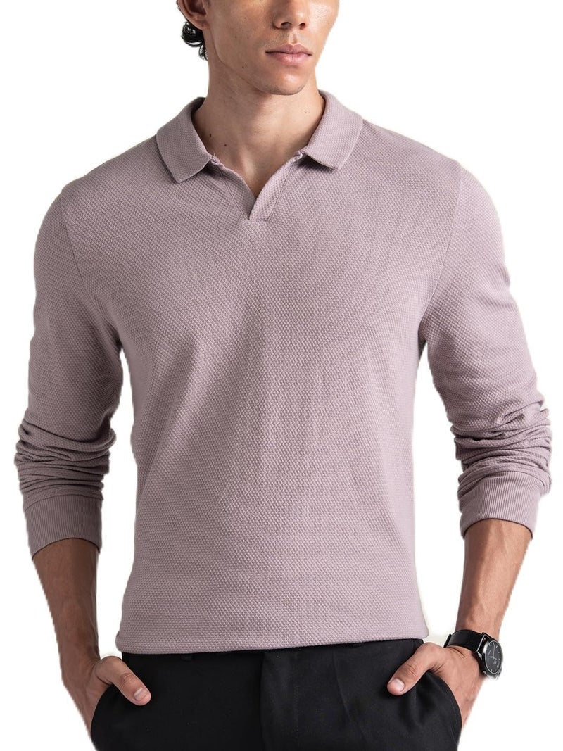 DAMENSCH Statement Waffle Johnny Collar Full Sleeve Polo with Premium Cotton Blend, Waffle Texture, Colours by High-IQ Dyes Heavy Weight Fabric T-Shirt for Men - Lavender Dust - 2XL - Image 1