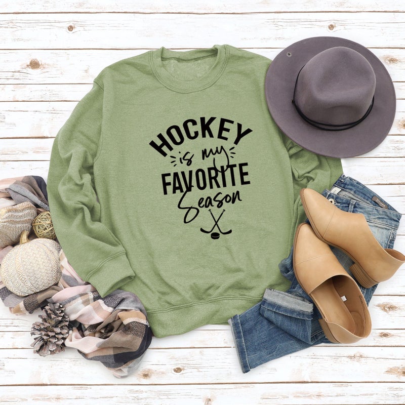 Hockey Season Casual Crewneck Sweatshirt Olive Green Sweater (Black Font)