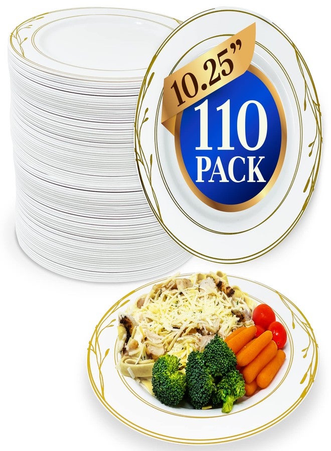Reli. Disposable Plastic Plates, White & Gold Rim (110 Pcs, 10.25") | Hard Plastic Dinner Plate | Elegant, Heavy Duty Disposable Round Platters for Party, Wedding, Event, Christmas (Gold Trim) - Image 1