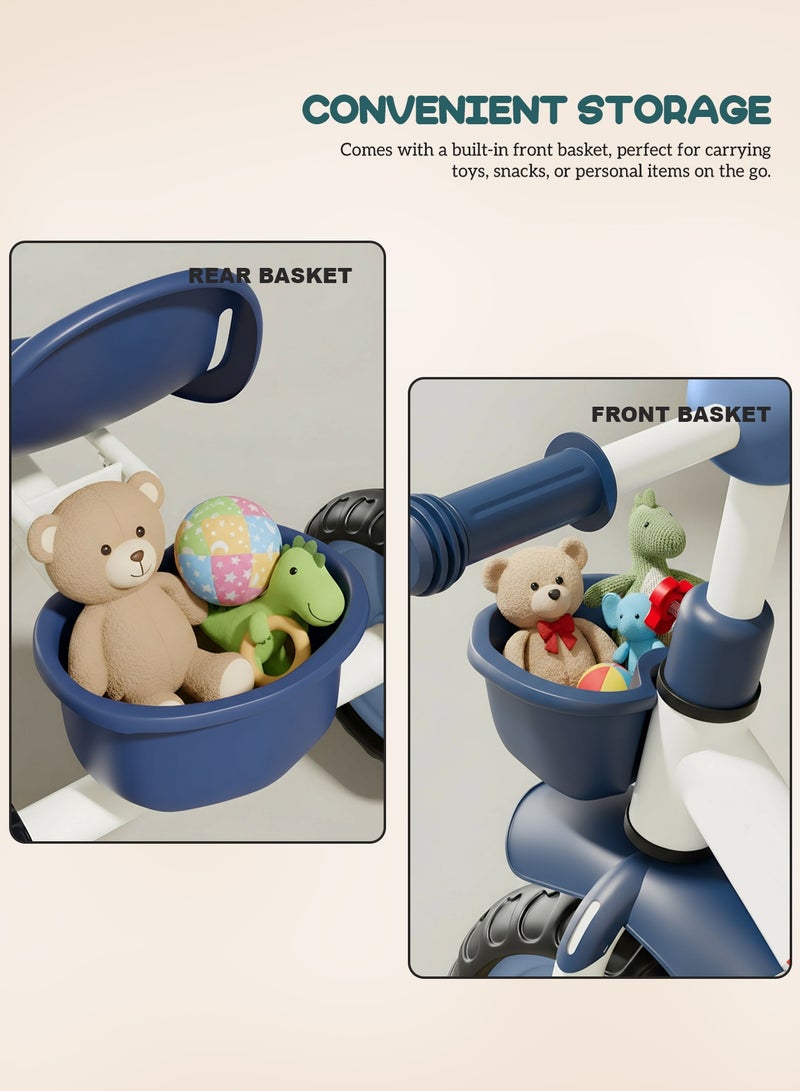 بيبي دراجة ثلاثية العجلات للأطفال، دراجة أطفال بمسند ظهر مرتفع، وسلة تخزين أمامية وخلفية | دراجة أطفال | دراجة ثلاثية العجلات للأطفال من سنتين إلى خمس سنوات، أولاد وبنات، لون أزرق - Image 3