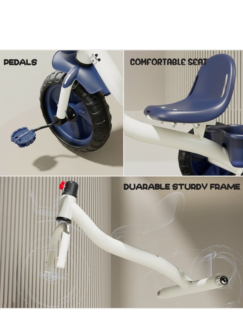 بيبي دراجة ثلاثية العجلات للأطفال، دراجة أطفال بمسند ظهر مرتفع، وسلة تخزين أمامية وخلفية | دراجة أطفال | دراجة ثلاثية العجلات للأطفال من سنتين إلى خمس سنوات، أولاد وبنات، لون أزرق - Image 4