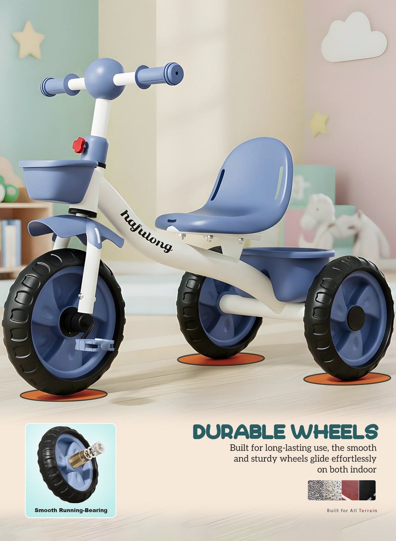بيبي دراجة ثلاثية العجلات للأطفال، دراجة أطفال بمسند ظهر مرتفع، وسلة تخزين أمامية وخلفية | دراجة أطفال | دراجة ثلاثية العجلات للأطفال من سنتين إلى خمس سنوات، أولاد وبنات، لون أزرق - Image 5