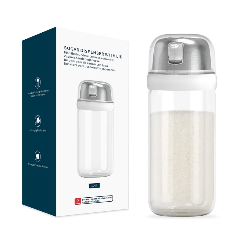 KITCHENDAO Glass Sugar Dispenser with Side Pour Spout, Built-in Lid to Slow Down Dampness with Mearsuring Marks, Elegant Borosilicate Glass Sugar Shaker, BPA Free,12oz (White) - Image 1