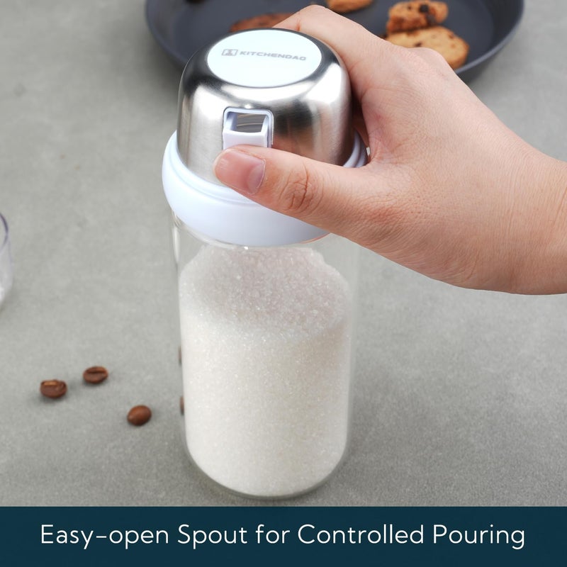 KITCHENDAO Glass Sugar Dispenser with Side Pour Spout, Built-in Lid to Slow Down Dampness with Mearsuring Marks, Elegant Borosilicate Glass Sugar Shaker, BPA Free,12oz (White) - Image 3