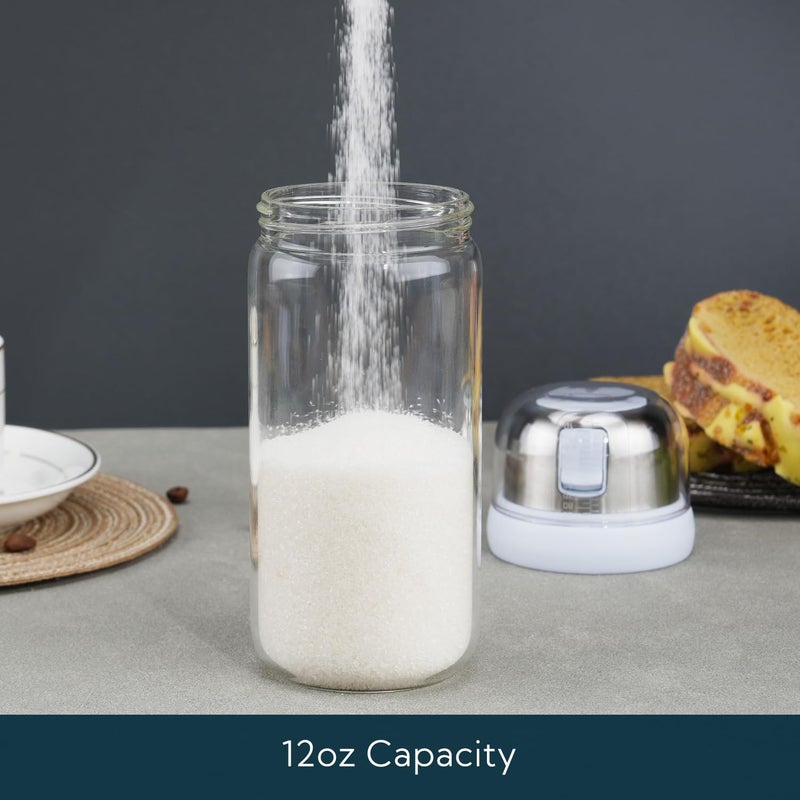 KITCHENDAO Glass Sugar Dispenser with Side Pour Spout, Built-in Lid to Slow Down Dampness with Mearsuring Marks, Elegant Borosilicate Glass Sugar Shaker, BPA Free,12oz (White) - Image 4