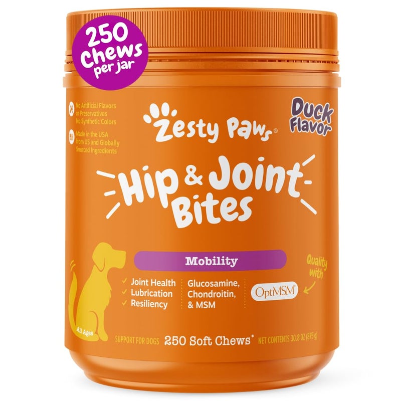 Zesty Paws زستي باوز هيب ومفاصل للكلاب، جلوكوزامين لمكمل هيب ومفاصل الكلاب مع كوندرويتين، MSM، فيتامينات C و E - بط، 250 عد - Image 1