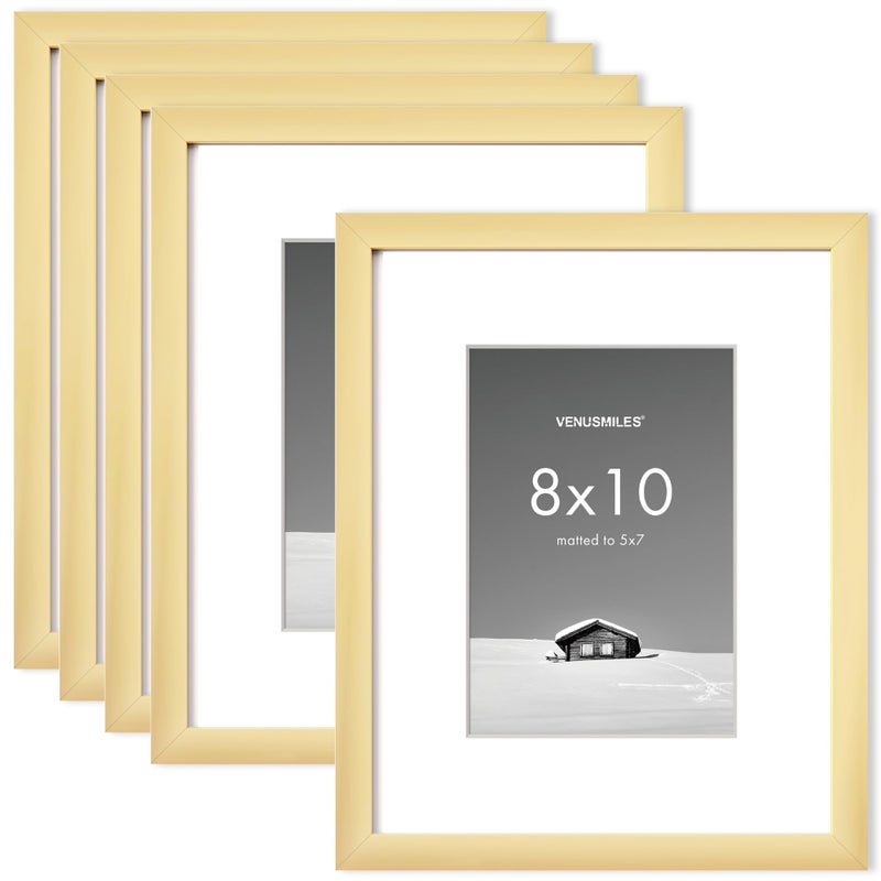 Venusmiles 8x10 inch Picture Frame  8x10 Photo Frames with 5x7 Removable Mat - High Definition Plexiglass - Vertical and Horizontal Display - Wall Hanging Frame - Gold  5 Pack - Image 1