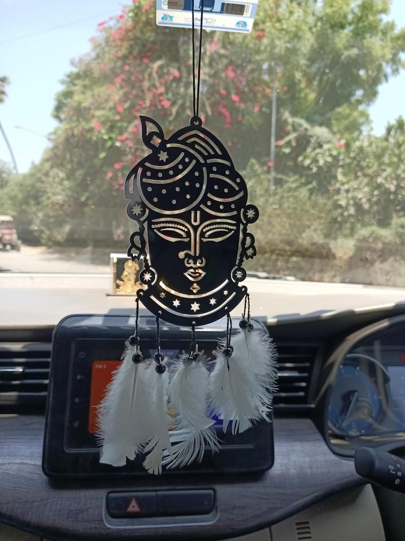 Rukshv Decorative Car Rearview Mirror Hanging with Feathers, Acrylic Spiritual Accessory for Home, Car, Office Interior Decor (Krishna Face) - Image 2