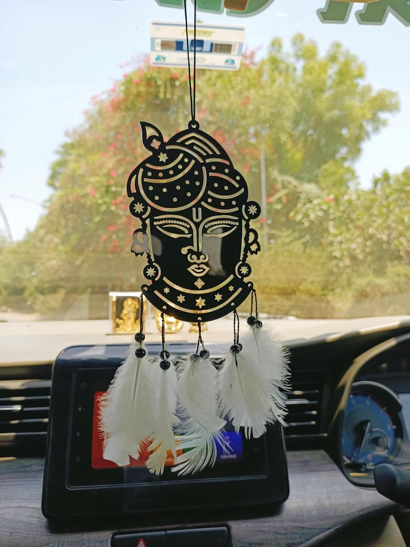 Rukshv Decorative Car Rearview Mirror Hanging with Feathers, Acrylic Spiritual Accessory for Home, Car, Office Interior Decor (Krishna Face) - Image 5