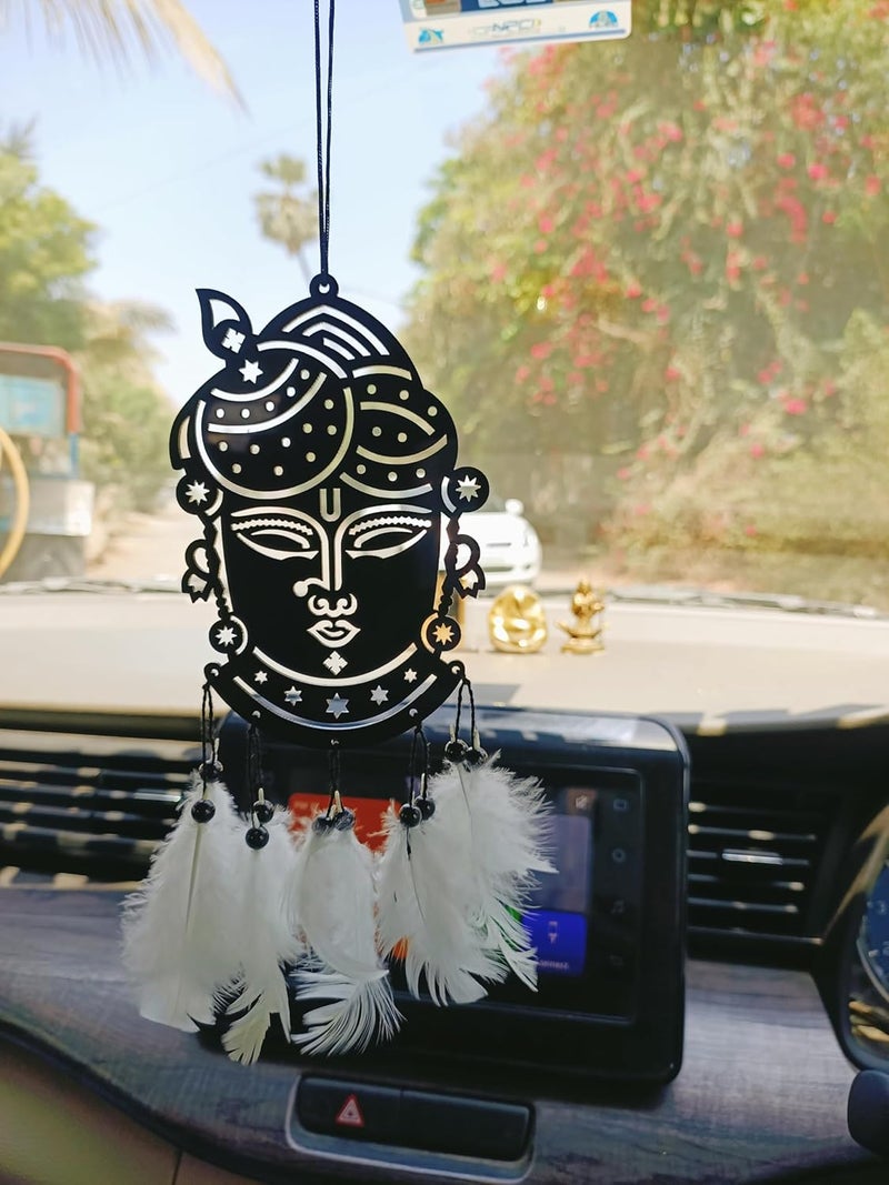 Rukshv Decorative Car Rearview Mirror Hanging with Feathers, Acrylic Spiritual Accessory for Home, Car, Office Interior Decor (Krishna Face) - Image 3