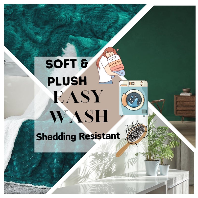 DaDa Bedding Lavish Emerald Teal Green Faux Fur Fuzzy Throw Blanket - Mermaid Scales Design White Sherpa Backside - Soft Warm Plush Bright Vibrant Jewel Tones Embossed for Bed/Couch - 50" x 60" - Image 2