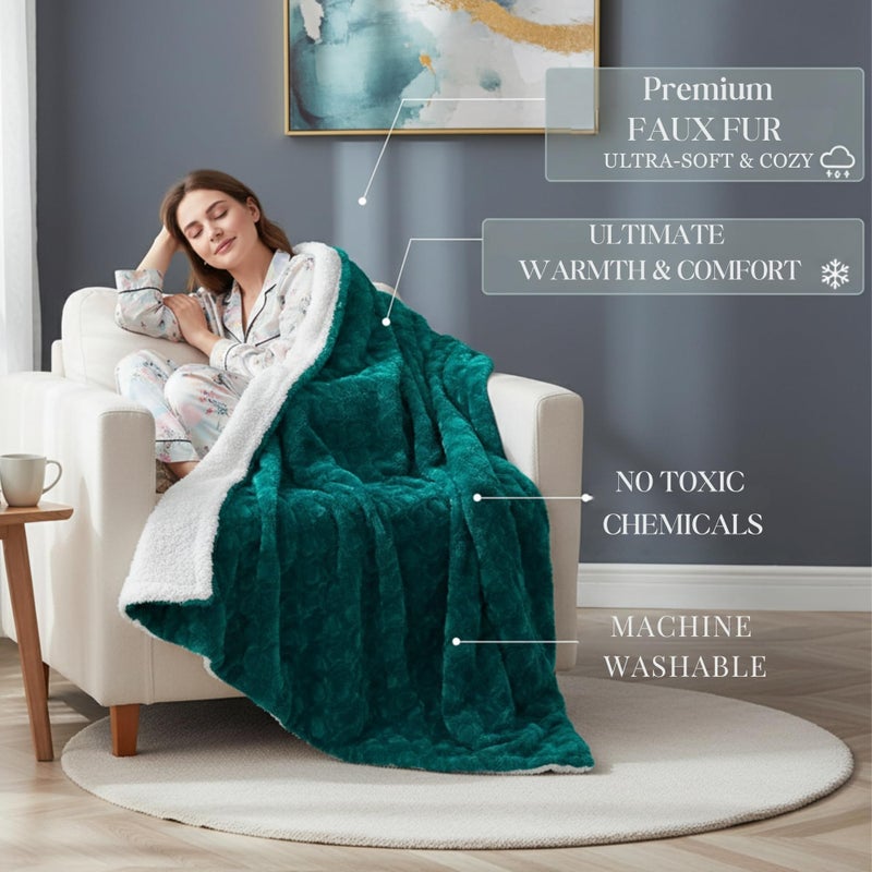 DaDa Bedding Lavish Emerald Teal Green Faux Fur Fuzzy Throw Blanket - Mermaid Scales Design White Sherpa Backside - Soft Warm Plush Bright Vibrant Jewel Tones Embossed for Bed/Couch - 50" x 60" - Image 3