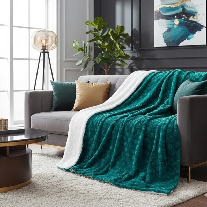 DaDa Bedding Lavish Emerald Teal Green Faux Fur Fuzzy Throw Blanket - Mermaid Scales Design White Sherpa Backside - Soft Warm Plush Bright Vibrant Jewel Tones Embossed for Bed/Couch - 50" x 60" - Image 1