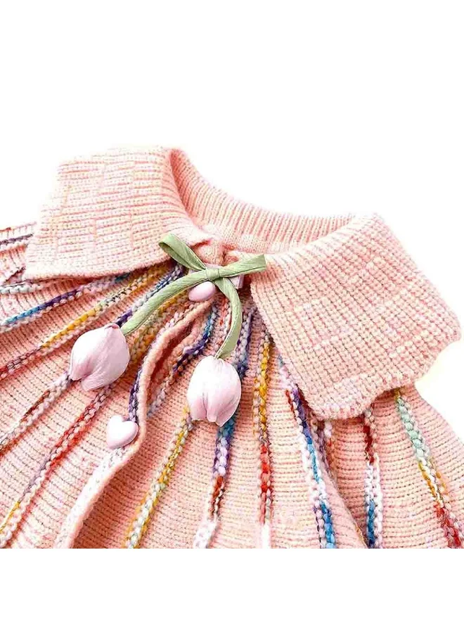 LITTLE SURPRISE BOX Oversized Flaired Peach Tulips Knitted Warmer Cardigan with matching Hairclip