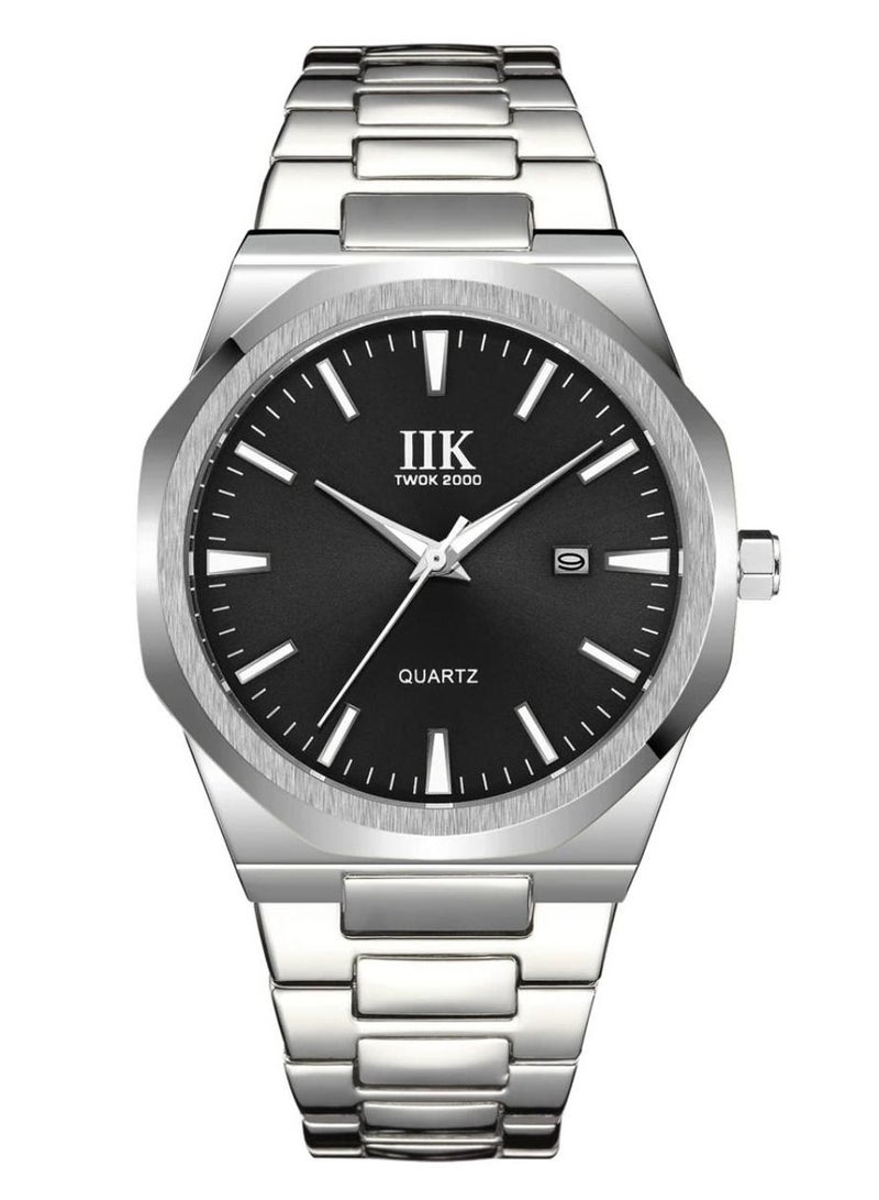 IIK Collection Men's Wrist Watch, Silver Band with Black Dial, And silver edges