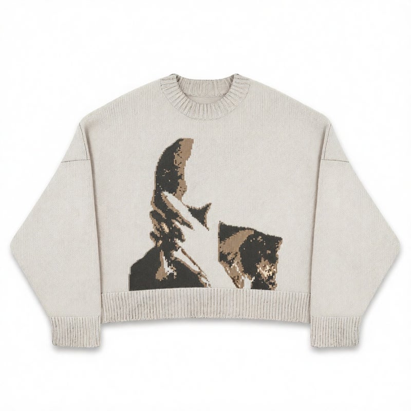 Round Neck Pullover Jacquard Knit Sweater Long Sleeve Loose Top - Image 4