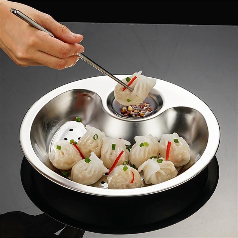 MotiBa 1pc Stainless Steel Round Dumpling Tray with Dip Holder  - Image 2