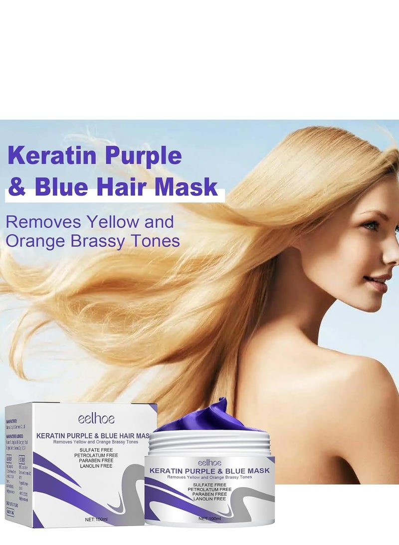 EELHOE Vitamins Keratin Purple Hair Mask - Violet Blue Protein Deep Conditioner Treatment - Toner for Blonde Platinum Silver Gray Ash or Brown Colored Dry and Damaged Brassy Hair, Safe Ultra Smooth Hair 100ml - Image 3