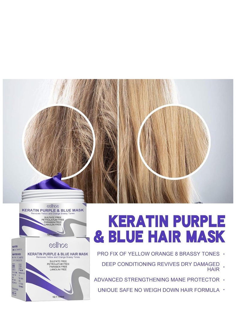 EELHOE Vitamins Keratin Purple Hair Mask - Violet Blue Protein Deep Conditioner Treatment - Toner for Blonde Platinum Silver Gray Ash or Brown Colored Dry and Damaged Brassy Hair, Safe Ultra Smooth Hair 100ml - Image 5
