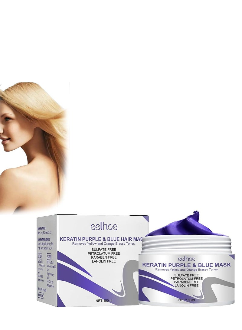 EELHOE Vitamins Keratin Purple Hair Mask - Violet Blue Protein Deep Conditioner Treatment - Toner for Blonde Platinum Silver Gray Ash or Brown Colored Dry and Damaged Brassy Hair, Safe Ultra Smooth Hair 100ml - Image 1