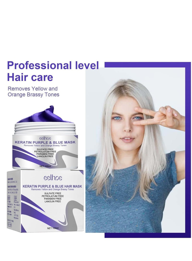 EELHOE Vitamins Keratin Purple Hair Mask - Violet Blue Protein Deep Conditioner Treatment - Toner for Blonde Platinum Silver Gray Ash or Brown Colored Dry and Damaged Brassy Hair, Safe Ultra Smooth Hair 100ml - Image 4