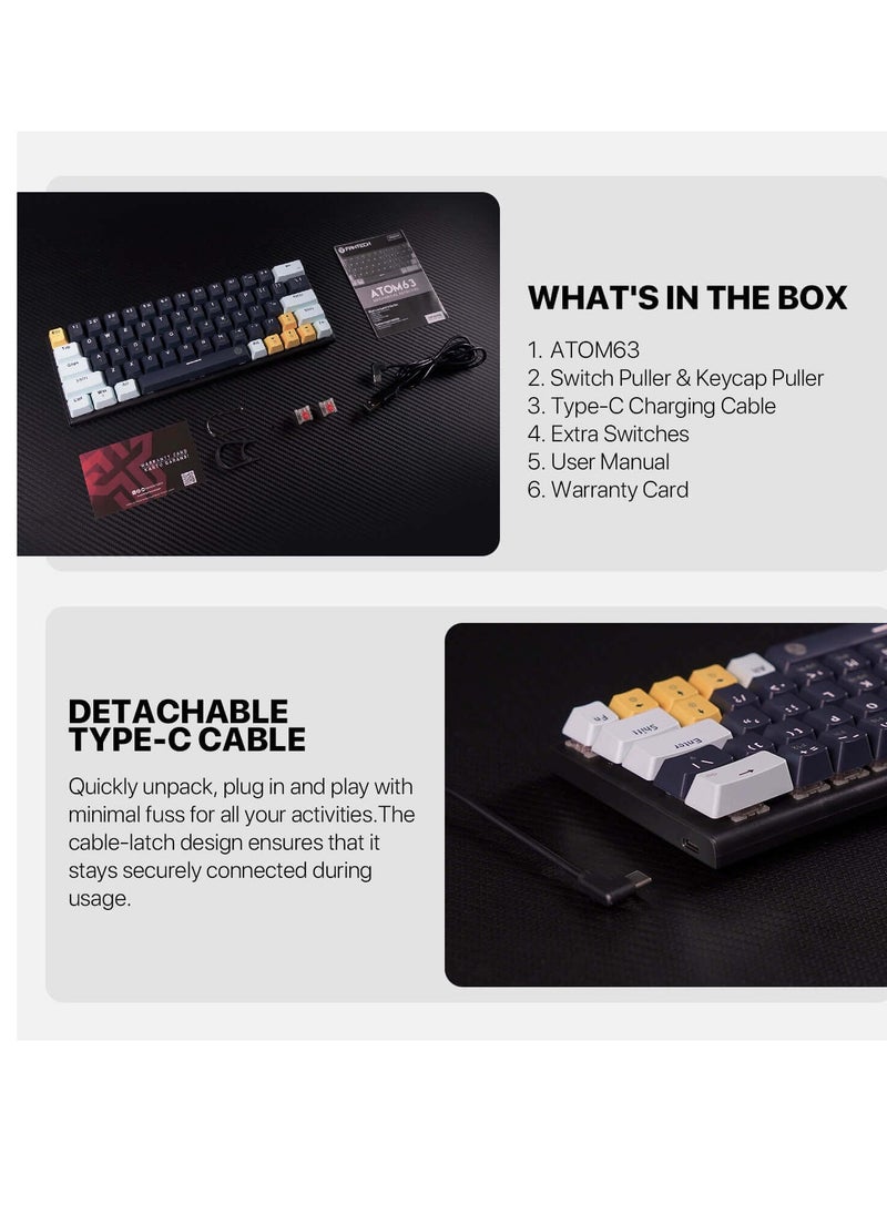 ATOM63 MK874V2 60% Gaming Mechanical Keyboard – Hot-Swap RED Switches – 17 RGB Lighting Modes – Removable Type-C cable – 63 PBT Arabic / English Keycap | Navy Blue