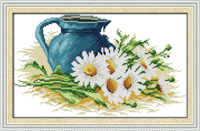ITSTITCH Stamped Cross Stitch Kits for Adult-Full Set The Pottery and Daisy Patterns Embroidery,Needlepoint Starter Kits 11ct 3 Strands-17.7x11 inch - Image 1