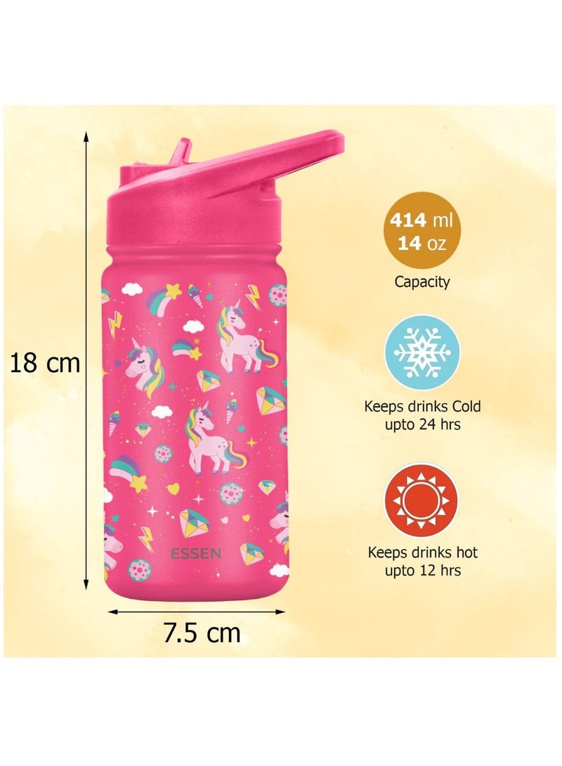 ESSEN Kids Water Bottle Stainless Steel for School Girls with Straw Vacuum Insulated Water Bottle BPA-Free Leak-Proof Baby Toddler Water Bottle Double Walled Bottle for Kids – 414 ml / 14 oz(Unicorn) - Image 3