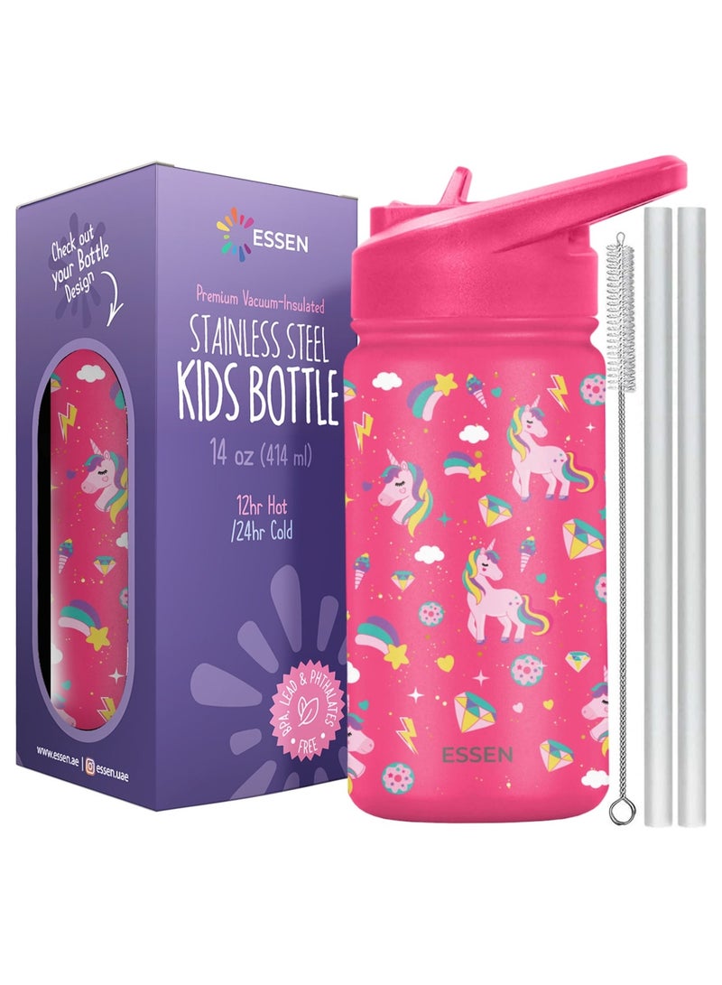 ESSEN Kids Water Bottle Stainless Steel for School Girls with Straw Vacuum Insulated Water Bottle BPA-Free Leak-Proof Baby Toddler Water Bottle Double Walled Bottle for Kids – 414 ml / 14 oz(Unicorn) - Image 1