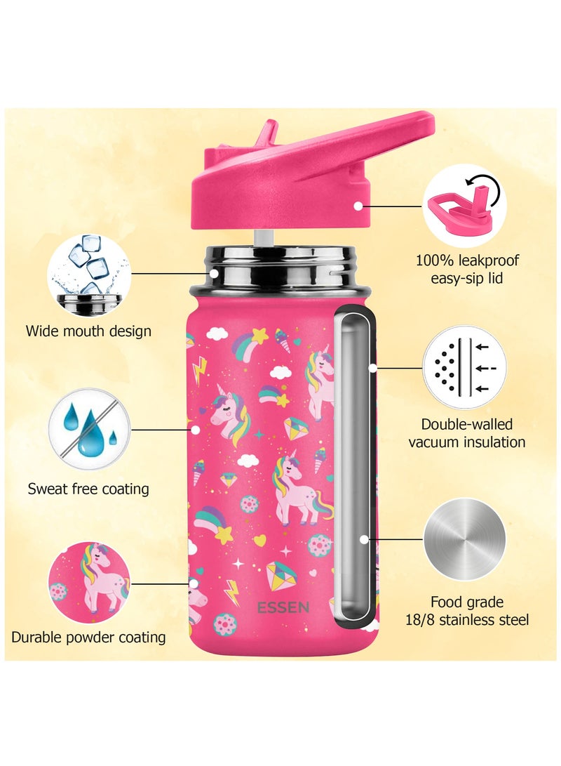 ESSEN Kids Water Bottle Stainless Steel for School Girls with Straw Vacuum Insulated Water Bottle BPA-Free Leak-Proof Baby Toddler Water Bottle Double Walled Bottle for Kids – 414 ml / 14 oz(Unicorn) - Image 4