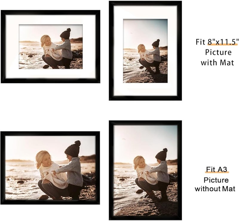 Picrit A3 Picture Frame Set of 12, Display 8.3x11.7 with Mat or 11.7 x 16.5 without Mat, Photo Frames for Wall Mounting Display, Black - Image 2