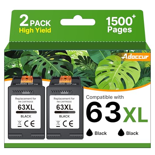 Adoccur 63XL Black Ink Cartridge HighYield for HP Ink 63 Replacement for HP 63 Black Ink Cartridge Works for HP OfficeJet 3830 4650 5255 5258 5200 Envy 4520 4512 4510 DeskJet 1112 2130 3630 F6U64AN 2 Pack - Image 1