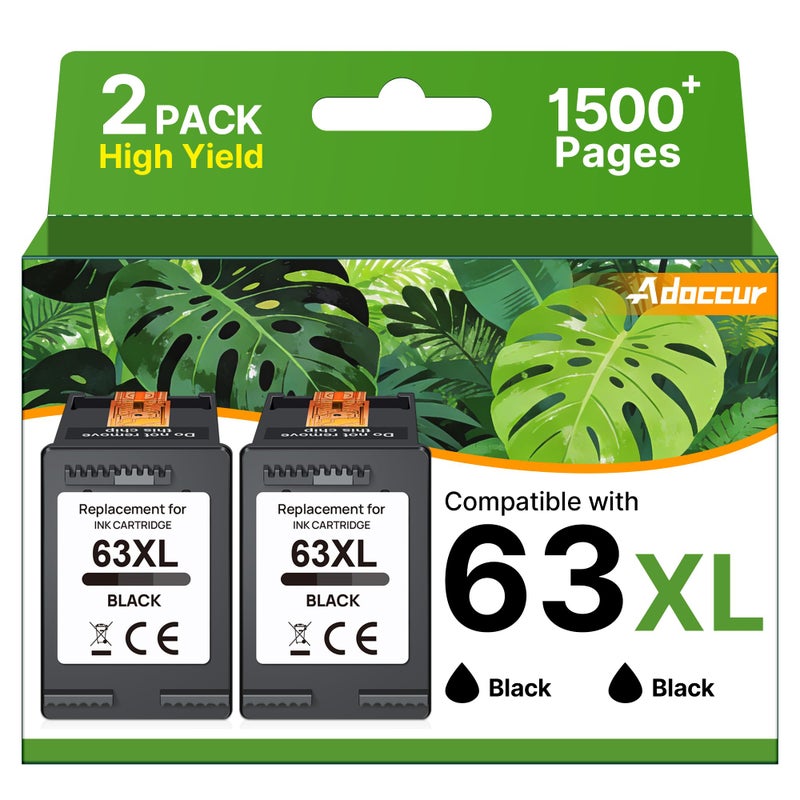 Adoccur 63XL Black Ink Cartridge HighYield for HP Ink 63 Replacement for HP 63 Black Ink Cartridge Works for HP OfficeJet 3830 4650 5255 5258 5200 Envy 4520 4512 4510 DeskJet 1112 2130 3630 F6U64AN 2 Pack - Image 2