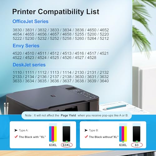 Adoccur 63XL Black Ink Cartridge HighYield for HP Ink 63 Replacement for HP 63 Black Ink Cartridge Works for HP OfficeJet 3830 4650 5255 5258 5200 Envy 4520 4512 4510 DeskJet 1112 2130 3630 F6U64AN 2 Pack - Image 3