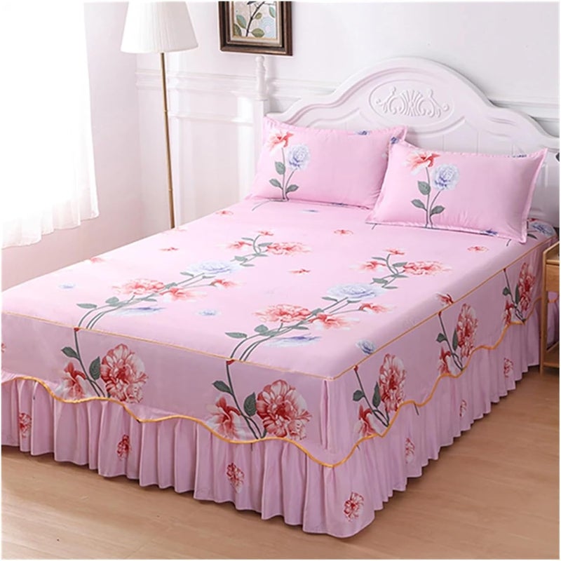 Ruffle Bed Skirt Wrap Around Bedding Skirt,Flower Print Bedskirt,3 Side Coverage Ruffle Bed Skirt with 2 Pillowcase(Color 18,120x200cm 3pcs) - Image 1