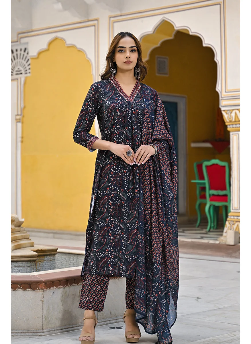 زيري سوق Navy Blue Rayon Blend Floral Printed Straight 3-Piece Kurta Set