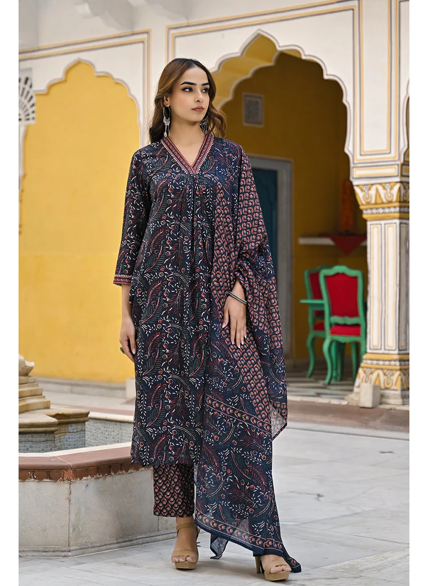 زيري سوق Navy Blue Rayon Blend Floral Printed Straight 3-Piece Kurta Set