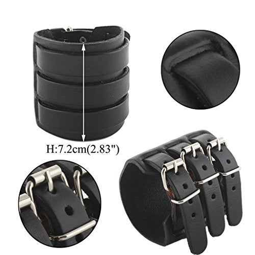 EVER FAITH 3 Layer Wide Belt Synthetic Leather Men Wristband Black Bracelet Unisex Couple - Image 3