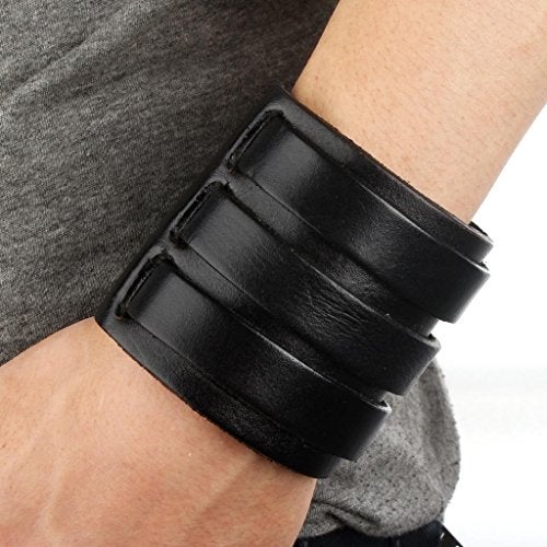 EVER FAITH 3 Layer Wide Belt Synthetic Leather Men Wristband Black Bracelet Unisex Couple - Image 2