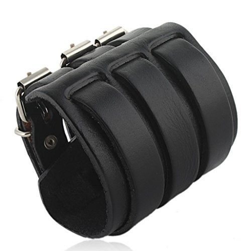 EVER FAITH 3 Layer Wide Belt Synthetic Leather Men Wristband Black Bracelet Unisex Couple - Image 1