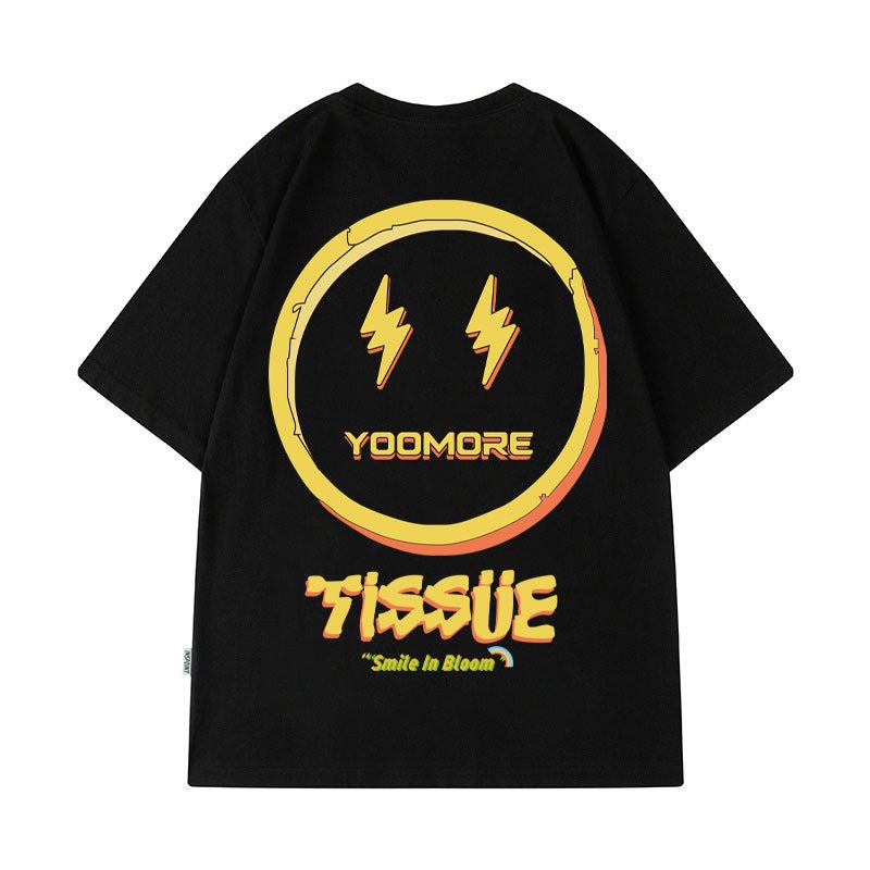 Short-Sleeved T-Shirt Men'S And Women'S Hong Kong-Style Casual Shoulder-Drop Half-Sleeve Round Neck Couple'S T-Shirt Hip-Hop Smiley Loose - Image 1