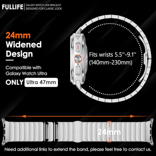 FULLIFE 24mm Wide Metal Bands Compatible with Samsung Galaxy Watch Ultra Bands 47mm Accessories for Men Women, Stainless Steel Link Folding Clasp No Gap Strap for Galaxy Watch 7 Ultra(47mm, Silver) - Image 2