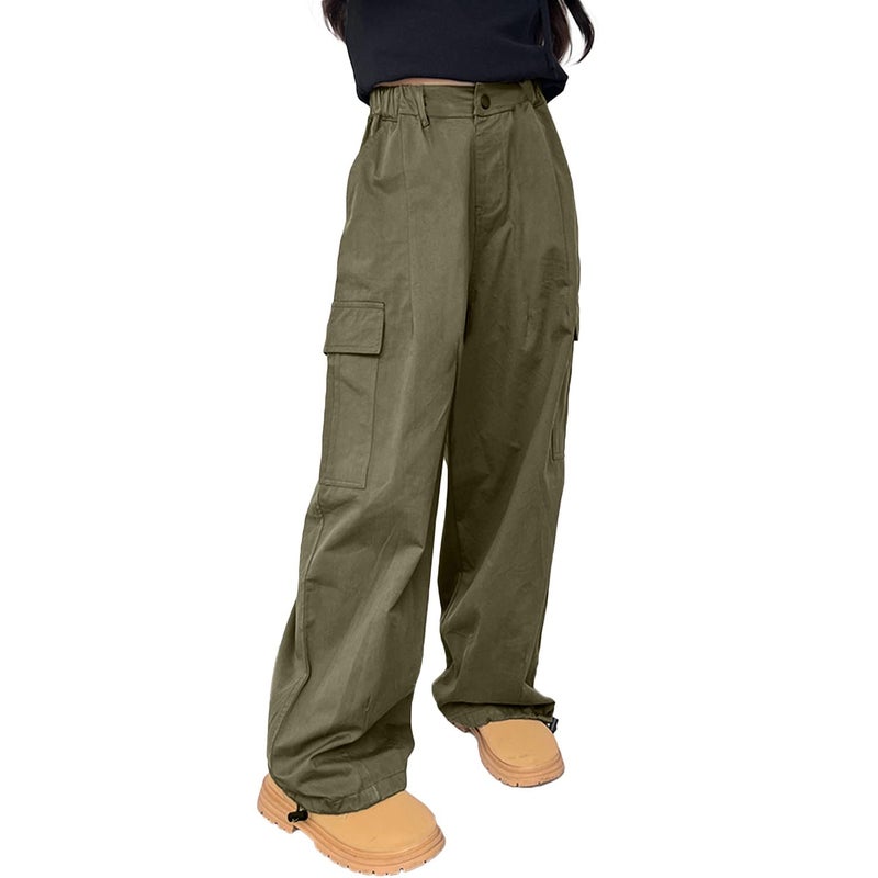 Rolanko Cargo Pants for Girls Wide Leg Trousers with Pockets Streetwear Kids Jogger Pants Green 1214