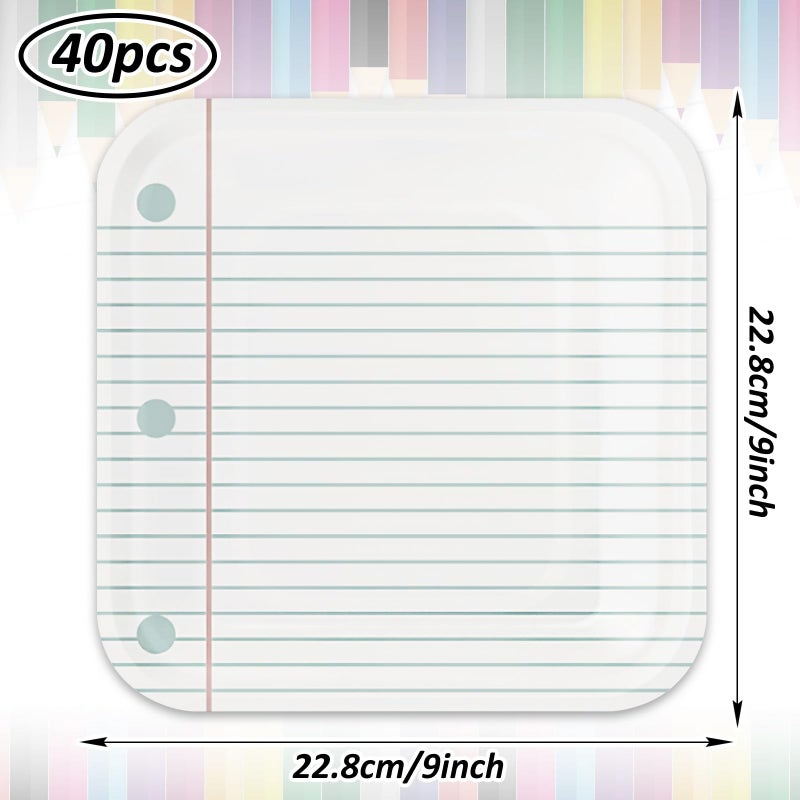 Whaline 40Pcs Back to School Notebook Paper Plates First Day of School Disposable Plates Preschool Graduate plates Square Decorative Plates for Graduation Kindergarten Party Supplies Table Decor  9 in - Image 2