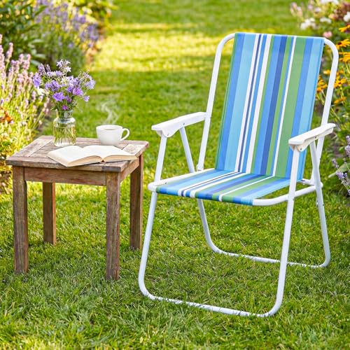 ORILEY Folding Beach Chair with Arm Rest Portable Lightweight Rainbow Stripped Foldable Fishing Chairs for Travelling Picnic & Outdoor Camping Hiking (Medium, Blue and Green Stripe) - Image 1