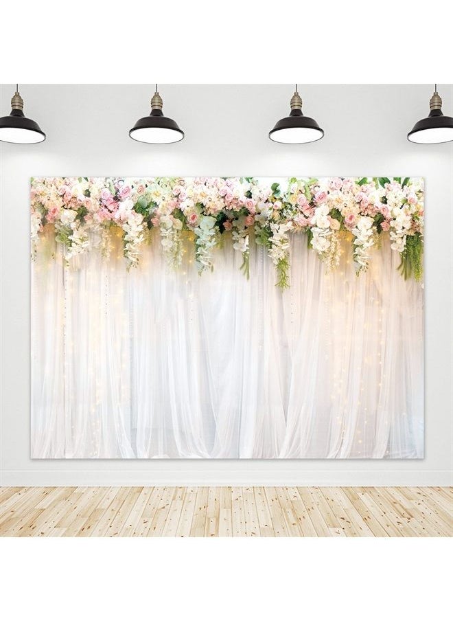 Riyidecor - Wedding Flowers Backdrop Bridal Floral Wall Backdrop Fabric Polyester Pink White Gauze Rose Photography Background Reception Ceremony 7Wx5H Feet Decoration Props Party Photo Shoot Backdrop - Image 1