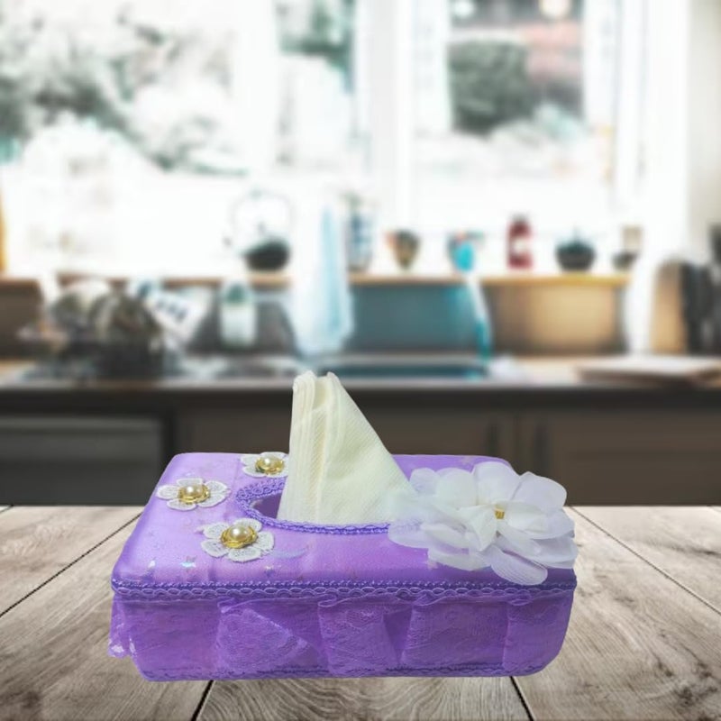 Radiant Sky Tissue Paper Box Holder/Napkin Holder case with Luxurious Fabric Floral Design Home/Office/Car décor (1 Box, Purple, 23x8x12 cm) (Purple) - Image 5